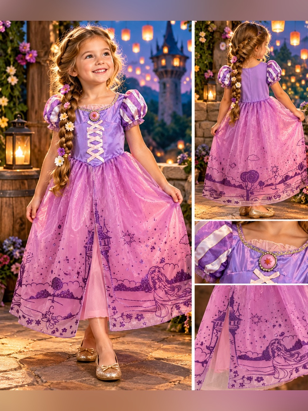 Disney Rapunzel Tangled Princess Costume Dress Halloween Glitter Gown- Girls 5/6